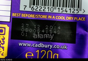 Bar code and best before date code on a bar of Cadbury's Chocolate